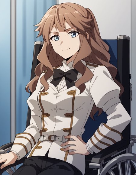 score_9, score_8_up, score_7_up, source_anime, <lora:fiore-forvedge-yggmillenia-apocrypha-s1-ponyxl-lora-nochekaiser:1>, fiore forvedge yggdmillennia, long hair, blue eyes, brown hair, sidelocks, medium breasts,, long sleeves, bow, pants, bowtie, uniform, black bow, chair, black pants, white jacket, wheelchair, airport, waiting area, suitcase, flight delayed, passengers, reading book, smile, smug, hand on hips,, looking at viewer, solo,, dutch angle, cowboy shot
