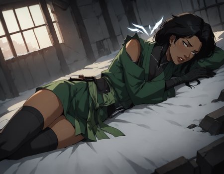 score_9, score_8_up, score_7_up, face focus, extreme closeup, detailed face, 1girl, woman, a mature female, (tall slim athletic female:1.3), skinny, dark-skinned female, black hair, (Lying on the back, pretending to make a snow angel), 
gloves, thighhighs, japanese clothes, black gloves, black thighhighs, green kimono, bodysuit, belt,
(abandoned warehouse, industrial),
ch3shire,
 <lora:ch3shire:1>,
 <lora:Blacklight_XL:0.5> blacklight,
 <lora:- SDXL - vanta-black_contrast_V3.0:0.5>,
 <lora:Concept Art DarkSide Style LoRA_Pony XL v6:0.5>, low light,