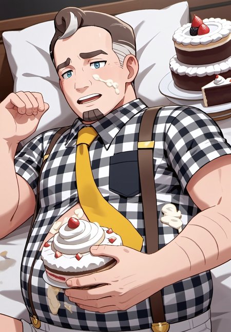 safe_pos, safe_pos, score_9, score_8_up, rating_nsfw, ultra hd, absurdres, best quality, masterpiece, masculine, solo, 1boy, 1male, male focus, best anatomy, best eyes, best hands, sexiest man alive, erotic, gay porn, cartoon art, cartoon art style,

POKESSCafe, POKESSCafeHair, yellow tie, plaid shirt, facial hair, suspenders, food spilled, cake, laying down, food on body, cream all over body, creamy, messy, cream on body, shocked, seductive look, ExpressiveH