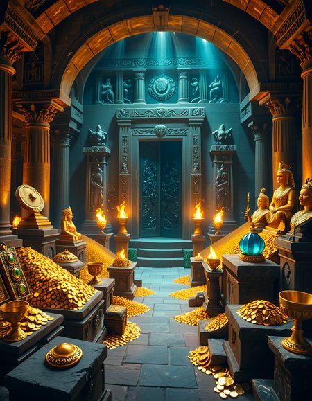 A hidden treasure chamber deep within an ancient temple, illuminated by the warm golden glow of torches and mystical blue light from enchanted crystals. The room is filled with piles of gold coins, jewel-encrusted goblets, and ancient artifacts covered in dust. Massive stone statues of forgotten deities guard the chamber, their eyes glowing faintly as if watching intruders. In the center, a grand pedestal holds a legendary artifactâan ornate golden crown encrusted with emeralds and sapphires, shimmering with an otherworldly aura. The walls are adorned with intricate carvings depicting lost civilizations, and creeping vines hint at centuries of abandonment. The atmosphere is mystical and slightly eerie, with a sense of both wonder and danger. The air is thick with the scent of aged parchment and burning incense, adding to the chamberâs ancient and mysterious feel. Cinematic lighting with dramatic shadows enhances the depth and richness of the scene, creating a visually stunning and immersive environment.
<lora:SDXLFaeTastic2400:0.4> <lora:extremely_detailed:0.4> extremely detailed, <lora:treasure_ch4mb3r:1>,treasure ch4mb3r, Masterpiece,best quality,hi res,8k,hi res,8k,award winning,(sharp focus, intricate, highly detailed),