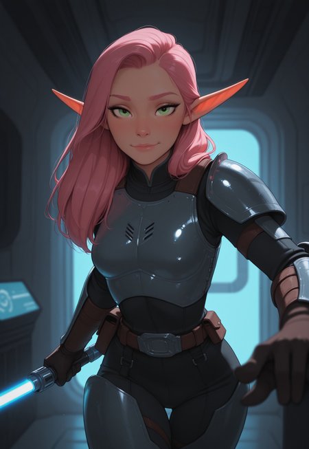 masterpiece, best quality, amazing quality, very aesthetic, DISNEY_ANIMATION, incoth, (incase:0.6), female, solo, (depth of field), spaceport, indoors, sci-fi, futuristic,

elf, pink hair, green eyes, cute face, slender, small breasts, long hair swept to one side, beautiful, kawaii, (short ears), serene expression,

mandalorian armor, sleek blue lightsaber,

standing, dynamic pose, swordmaster stance, looking at viewer,