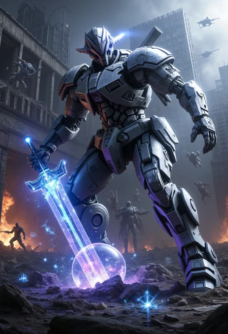 A futuristic Mech warrior, clad in impenetrable armor, stands amidst the ruins of a planet under siege by an alien force. The Mech’s weapon is a powerful, energy-based sword that shatters a crystal-clear glass sphere, releasing shimmering nebulas filled with alien creatures and energy weapons. The background features the devastation of a city under constant bombardment, with crumbling buildings and towering skyscrapers engulfed in flames. Use a dark, war-torn color palette with pops of vibrant neon from the energy weapons and the Mech’s weapon. The overall mood should be one of brutal conflict and the fragility of existence, with the sword as a symbol of hope and determination.   <lora:Dever_Flux_Enhancer> <lora:ck-Chernobyl-Exclusion-Zone-000016>