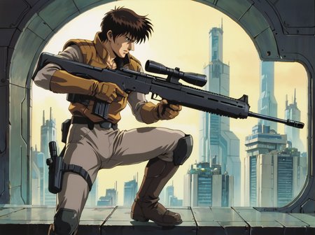 score_9, score_8_up, score_7_up,,source_amime, BREAK  <lora:gits95environment:0.6>,
gits95, , weapon, gun, cyberpunk, 1boy, solo, male focus, retro artstyle, gloves, rifle, science fiction