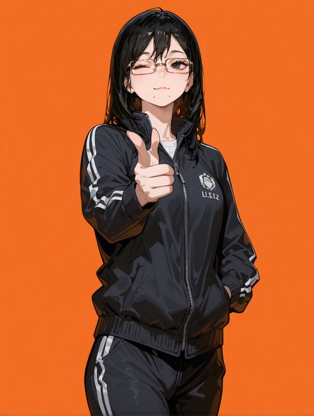 masterpiece,best quality,amazing quality,very aesthetic,absurdres,newest,
front view,full_shot,Wink,
ShimizukiyokoCYQL,1girl,solo,long hair,black hair,black eyes,glasses,semi-rimless eyewear,mole,mole under mouth,black jacket,track jacket,track suit,black pants,shoes,
full body,standing,finger_gun,,
orangered background,simple background,
usnr,748cmstyle,<lora:USNR STYLE_XL_loha:0.45>,<lora:DarkerThanBlackIllustrious:0.5>,<lora:spo_sdxl_10ep_4k-data_lora_webui:0.6>,<lora:illustrious_all_rated_v1:0.7>,<lora:748cmSDXL:0.8>,<lora:illustrious_quality_modifiers_masterpieces_v1:0.9>,<lora:ShimizukiyokoCYQL:1>,