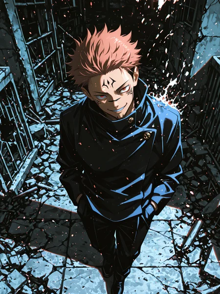 smooth quality, masterpiece, best quality, detailed face, anime realism, soft lighting, depth of field,dark, graphite \(medium\), destroyed city, ruins, BREAK 1boy, rooftop, full body, ryoumen sukuna \(jujutsu kaisen\), jujutsu tech uniform, from above, facing viewe, hands in pockets, smirk, head tilt, evil grin, looking at viewer,  (disintegration effect:1.4), <lora:add-detail-xl:2>