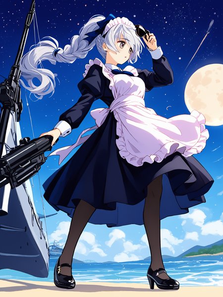score_9, score_8_up, score_7_up, score_6_up, source_anime, BREAK
1girl, <lora:FMP_Teletha_Testarossa_Pony_v1:0.9>, (ultra-detailed:1.5), (night time, stars, dark sky:1.3), (moon:1.2), outdoors, (luxury yacht, standing atop yacht:1.5), ocean,  telethamaid, grey hair, hair bow, grey eyes, crown braid, (braided ponytail, floating hair:1.2), black footwear, (high heels:1.1), (mary janes:1.5), (black dress:1.2), long dress, brown pantyhose, frills, petticoat, (maid apron, long apron:1.5), maid headdress, long sleeves, (white bowtie:1.2), (looking away, legs apart, looking sideways:1.4), (holding unworn eyewear, sunglasses:1.1), (holding weapon:1.5), (p90, submachine gun:1.1 (from below:1.4),