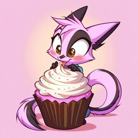 Dreamkeepers,1girl,Prelude_Vi,solo,furry,tail,source_furry,hazel eyes,
child, kid, 
chibi, food, cupcake, sitting, licking, frosting, sweet, cute, big eyes, blush, smile, pastel colors, simple background, food focus, small body, playful, dessert, happy, A chibi character sitting on a giant cupcake, licking frosting off their fingers., cute, happy,