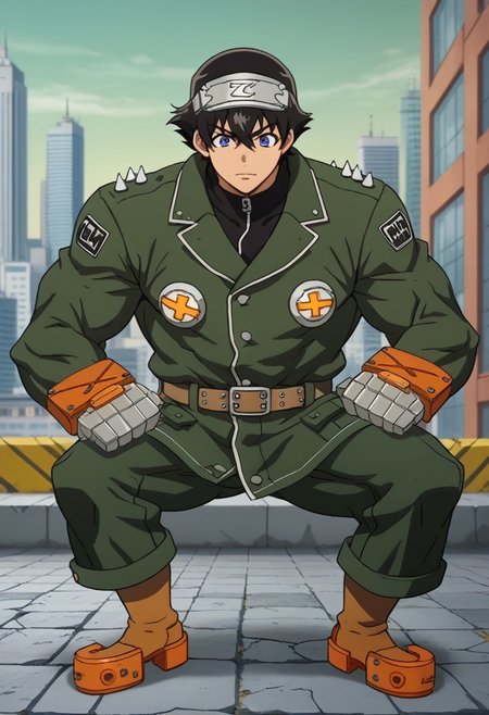 score_9, score_8_up, 1boy, yukiteru_amano's head, ggstpot's body, source_anime, anime screencap, anime coloring, 2d, zPDXL2, black hair, blue eyes, short hair, hair between eyes, huge male, ultra-muscular male, no helmet, green jacket, pants, boots, gauntlets, belt, spikes, outdoors, detailed background, cityscape, torn up pavement, cracked pavement, flexing muscles, power stance, imposing presence, goofy expression, confident