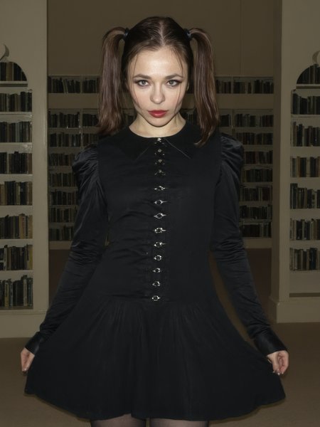 nina_kraviz, gothic dress, twin tails, library, soft lighting, dramatic tone