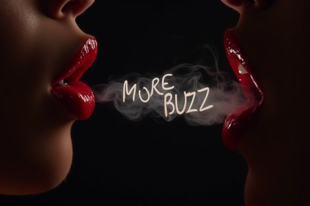 darkbackground,rim light, side view, close up of a woman's mouth, red glossy lips, the woman blows out smoke which made the letters("MORE BUZZ":1.1),(anime style:0.4)