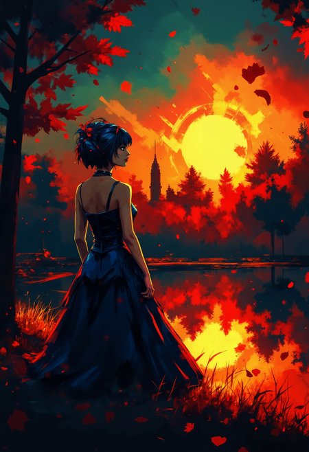 pst009, At the edge of the tranquil park, as the setting sun casts ethereal golden hues, a woman in an Art Deco dress, reminiscent of the Fauvist era, gazes thoughtfully into the distance, surrounded by the vibrant cross-processed colors of nature's autumnal palette.