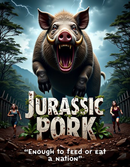A bold movie poster for "Jurassic Pork" features a towering, menacing boar with sharp tusks, roaring, standing on two legs, resembling a prehistoric beast. The boar looms over a dark jungle landscape, with trees and broken fences in the background, suggesting an escape from a containment area. In the foreground, terrified characters run away from boar, glancing back at the monstrous pig. The title "Jurassic Pork" is displayed in large, cracked stone letters, with vines and mud covering parts of the text. Above, a stormy sky crackles with lightning, casting an eerie glow over the chaotic scene. in small letters text "Enough to feed or eat a nation", <lora:flux\aidmaTextImprover-FLUX-V0.2.safetensors:0.7000000000000001:0.7000000000000001>