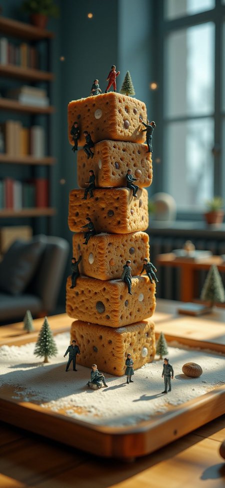 (indoors,indoor,isometric view,side view,tilt-shift lens:2), (fna_style,miniature,miniature,diorama,miniature,diorama,PVC,plastic:2),starry night,winter giant (randomly multi stack up,multi layer of cookie cubic vertical:2.5)  is located center, people are climbing with ropes, (in wooden square plate:3) (on table at study:3) <lora:Fantasy_Novel_Art_Style:1> <lora:Rostpunk:0.3>