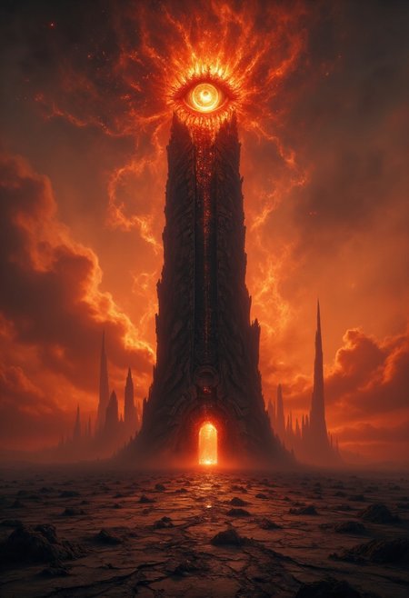 A towering, ominous magic tower rises from the center of a vast, barren dry field, its surface made of dark, cracked stone and adorned with glowing mystical runes. At the very top of the tower, a massive, glowing eye pulsates with an eerie, otherworldly light, gazing ominously over the desolate surroundings.
The plain stretches endlessly, lifeless and dry, with cracked earth and scattered dust storms in the distance. The atmosphere is oppressive and moody, with a hazy, reddish-orange sky, as if captured during a cursed sunset. Shadows from the tower stretch long over the parched ground, emphasizing the tower's dominating presence.
The scene is rendered in hyper-detailed cinematic style, with intricate textures on the tower, swirling dust in the air, and dramatic lighting that highlights the glowing eye at the tower's peak.