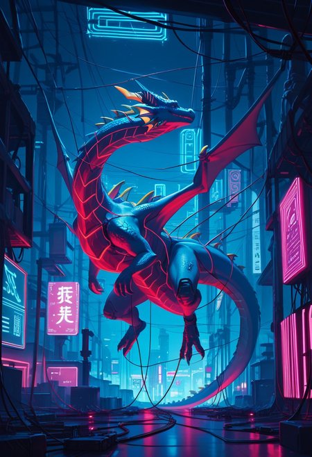 score_9, score_8_up, score_7_up, source_anime, deep colors, high quality, high resolution, detailed, highres, 
neon, wires, (dragon:1.2) made of wires, cables, outlined with wires and neon, neon outlines, wire sculpture, neon wire sculpture
neon glow, Cyberpunk Japanese village background,