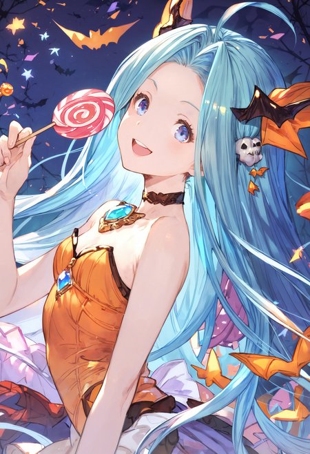 score_9, score_8_up, score_7_up,score_6_up, source_anime, best quality, aesthetic, absurdres,
halloween, halloween costume, official alternate costume, hair ornament, (miniskirt:1.2), holding (sucker, candy:1.2), gem,
1girl, solo, smile, upper teeth only, (clear eyes:1.1), looking at viewer,
Lyria (Granblue Fantasy), very long hair, blue hair, (body_slim:1.1), small breasts, bare legs,
<lora:Lyria-Pony:0.8>  <lora:IshikePony:0.2>