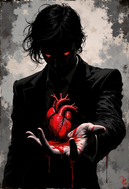 a black correspondence silhouette with red eyes created from ink in an abstract semi-darkness. He holds out his hand, which contains a living, bleeding heart. He squeezes it slightly, digging his claws into it. It is veined . The emphasis of the image is placed on the heart.  <lora:flux_train_replicate:0.5>, Style of BNR red highlights and outlines ,  <lora:Wraith_BW_Flux:0.7> B&W ,  <lora:FLUX-daubrez-DB4RZ-v2:0.8> , <lora:detailed_v2_flux_ntc:0.5>