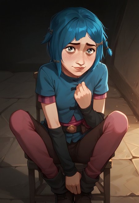 score_9, score_8_up, score_7_up, score_6_up, score_9, score_8_up, score_8, ultra detailed, semi realistic, 1 girl, solo, 
PowderJinx, blue hair, cutting hair, asymmetrical bangs, bangs, hairclip, hair ornament, short hair, single braid, side braid, braided ponytail, grey eyes, freckles,
shirt, blue shirt, short sleeves, striped sleeves, pink sleeves, arm warmers, black arm warmers, blue skirt, showgirl skirt, skirt, belt, pants, brown pants, short pants, leggings, pink leggings, leg warmers, blue leg warmers, shoes, brown shoes,
siting on chair, smiling, hands on chest, shy expression, blush, red face, looking at viewer,