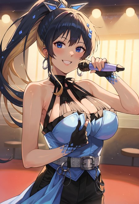 score_9, score_7_up, hd, (ultra hd quality details), indoors, source_anime, lights, stage,
solo, 1girl, noisenikkebase, large breasts, ponytail,
noidefdress, hair ornament, hoop earrings, earrings, jewelry, halterneck, black gloves, fingerless gloves, belt, (overskirt), black shorts, short shorts,
looking at viewer, blush, smile,
from side, standing,
<lora:_noise_nikke-elesico:1>