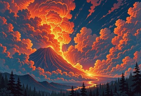 The volcano erupted, and the magma continued to dissolve out of the collapsed crater, emitting bursts of explosions, eruptions, volcanic ash, billowing smoke, the deep forest at the foot of the mountain, the sky illuminated by the fire, dark clouds, lightning and thunder, heavy rain, and storms. The boiling and bubbling lava gathered into rivers, and the high-temperature air distorted the space. The air was filled with suffocating volcanic ash, and the visibility was extremely low. The forests on the ground were ignited and burned with raging fires. The water vapor was evaporated into pieces of water vapor, mixed with the volcanic ash in the air, reflecting a red light. Full of dangerous feelings, scenery, illustrations, ultra-detailed, hyper-detailed, ambient lighting, volumetric lighting, (masterpiece), (Amazing quality), (phenomenal aesthetic), cinematic moment, 8K<lora:FLUX_Ghibsky_Illustrations.safetensors:0.8:1.0>