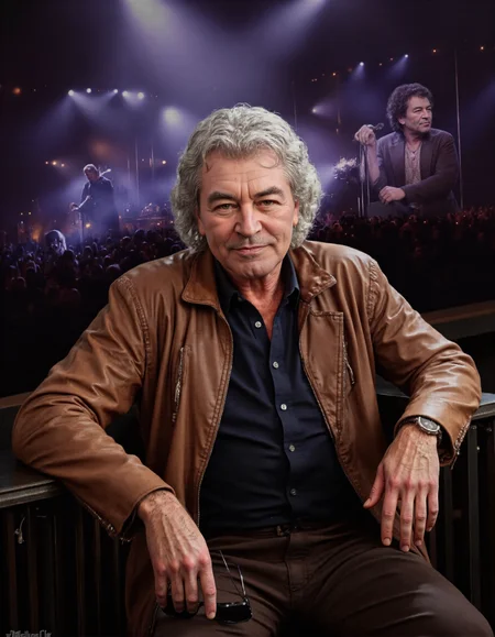Create a highly detailed, photorealistic yet artistic portrait of Ian Gillan, the legendary vocalist of Deep Purple, depicted in his later years with short, neatly styled silver or gray hair. The portrait should capture his mature features: a strong, weathered face with deep-set eyes that radiate wisdom, experience, and the soulful intensity of a lifelong performer. Highlight his prominent cheekbones, warm smile, and expressive eyebrows, which convey both resilience and kindness, reflecting his enduring passion for music and connection with fans.
Dress him in attire that reflects his classic yet refined rock style, such as a tailored leather jacket, a crisp collared shirt (partially unbuttoned), or perhaps a simple, elegant sweater, symbolizing his timeless appeal as a rock icon who has evolved gracefully over the years. Pose him in a relaxed yet commanding manner, perhaps seated or standing confidently with one hand resting on a microphone stand or holding a pair of sunglasses, evoking his dynamic stage presence and powerful vocal delivery.
The mood of the artwork should be reflective yet energetic, evoking the spirit of a man who has lived a life of music, adventure, and introspection. Use soft, diffused lighting to highlight his features, with subtle shadows emphasizing the texture of his skin and the sharp lines of his short haircut. Incorporate symbolic elements in the background or composition, such as faint silhouettes of concert stages, swirling spotlights, or lyrics from iconic songs like Smoke on the Water or Child in Time , to allude to his legendary career. A faint haze or glowing aura could evoke the raw energy of live performances and the enduring legacy of his voice.
Style: A blend of hyperrealism and painterly elegance, inspired by artists who capture the essence of musicians in their later years. Use a rich color palette dominated by warm, earthy tones (browns, grays, and golds) contrasted with vibrant accents (deep purples, electric blues) to create a sense of balance between maturity and vibrancy. Ensure the composition feels harmonious and immersive, inviting viewers to feel the depth of Ian Gillanâs journey as a rock legend and storyteller., <lora:IAN_GILLAN:1>
