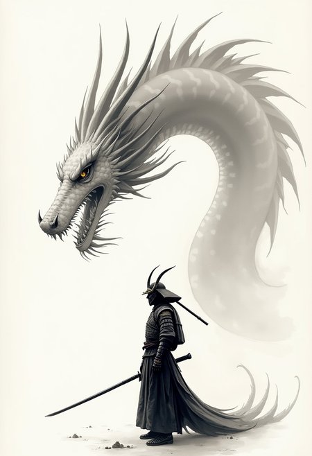 A stunning and minimalist ink wash illustration of a Japanese samurai standing defiantly in front of a magnificent dragon. The samurai wears traditional armor, and his face is hidden behind a ritualistic mask. The dragon, with a fierce gaze, is portrayed with elegant strokes, using light white and dark gray tones. The background is simple and evokes a feeling of tranquility. The artwork is reminiscent of gongbi painting techniques, combining elements of witchcore and conceptual art, resulting in a breathtaking masterpiece., conceptual art, painting