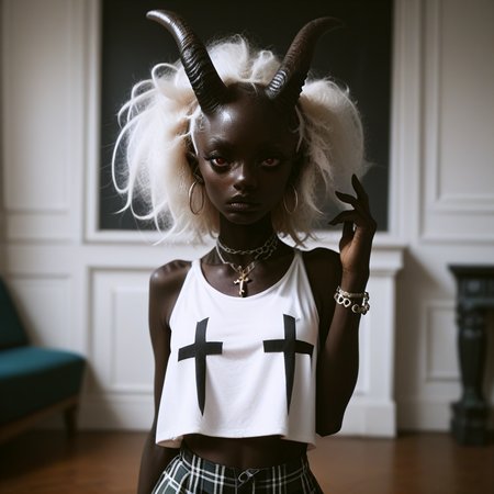 score_9_up, score_8_up, score_7_up, 
1girl, solo, <lora:bdemonpony011:1>, colored skin, pale skin, black skin, black hands, black feet, red eyes, black iris, monster girl, skinny, slim, horns, white hair,  
chain necklace, cross necklace, bracelets, white shirt and plaid skirt, 
indoors, dark black room, music decorations, 80's punk style, solo,  <lora:Skin Color_alpha1.0_rank4_noxattn_250steps:2.0>