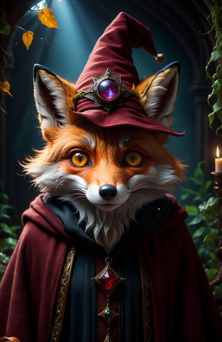 highly detailed portrait of a cunning old fox wizard, in dark woolen wizard robes, wearing a (fez hat:1.3), (fur:1.4), magical, dark underground den office, (shallow depth of field:1.4), foliage, global illumination, radiant light, detailed and intricate environment #cinematic, light shafts, dust motes <lora:FaeTastic:0.6> sparkles, (Extremely Detailed Oil Painting:1.2), glow effects, godrays, Hand drawn, render, 8k, octane render, cinema 4d, blender, dark, atmospheric 4k ultra detailed, cinematic sensual, Sharp focus, humorous illustration, big depth of field, Masterpiece, colors, 3d octane render, 4k, concept art, trending on artstation, hyperrealistic, Vivid colors, extremely detailed CG unity 8k wallpaper, trending on ArtStation, trending on CGSociety, Intricate, High Detail, dramatic