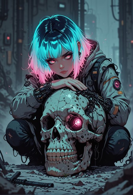 <lora:ck-nc-cyberpunk-IL-000011:0.8>, masterpiece, best quality, good quality, very aesthetic, absurdres, newest, 8K, depth of field, focused subject, 
gritty skull 1girl, bioluminecent, glowing hair,
 in the style of cknc, 
 <lora:MoriiMee_Gothic_Niji_Style_Illustrious_r1:0.3> 
 <lora:ck-shadow-circuit-IL:0.6>