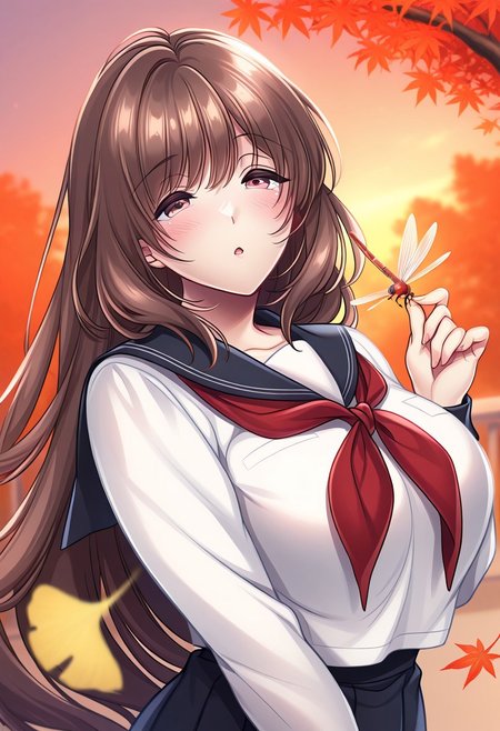 masterpiece, best quality, newest, highres, uncensored, 1girl, Hagino Umi,Brown Hair, Side Tail, Waist Length Hair,Violet Eyes,Big Breasts, Pale, Slim, Young-adult，
1girl,autumn_leaves, autumn, leaf, maple_leaf, holding_leaf, ginkgo_leaf, falling_leaves, 1girl, blurry_foreground, blurry, tree, solo, leaves_in_wind, depth_of_field, outdoors, dragonfly, school_uniform, leaf_on_head, sunset, long_sleeves, red_neckerchief, brown_eyes, blurry_background, serafuku, fire, open_mouth, neckerchief, looking_at_viewer, sky, orange_theme, branch,