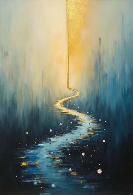 A surrealist painting by Joan Miro comes to mind, featuring a gold beam delicately stretched across the canvas, bending and reflecting off a sapphire and silver bug matrix. The background is an ethereal landscape with subtle, atmospheric tones, further enhancing the dreamlike quality of the scene. The foreground showcases a layered mix of obsidian and iridescent shapes that seem to dance within the depth of field. Ethereal lighting adds to the otherworldly feel, casting an enchanting glow over the entire composition. ,