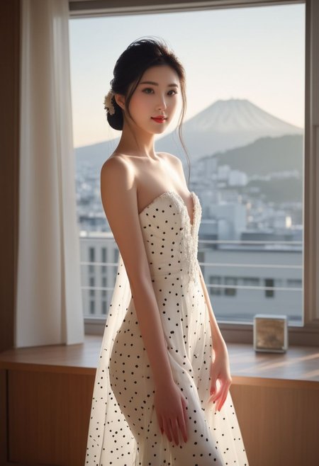 FOTOREALISTIC, long_straight black hair, beautiful japanese_lady, tall, white_japanese_weddingdress_with_large_red_dots, apartment, background window_tokio at dawn, rising_Sun, score_9, score_8_up, score_7_up, score_6_up, score_5_up, score_4_up, UHD, 8K, masterpiece, ultra-realistic, Ultra detailed photorealistic background, photoreal, realistic high detailed beautiful face, anatomic correct bodies, ultra_high_resolution, Extremely Realistic, lots of detail, emty_hands, hands_hidden.