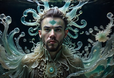 long mid shot portrait photography of an ethereal young man warrior, (glowing runes: 1.1), fairytale aesthetic. light green sheme, Photorealistic, intricate details, realism, sfw, ultrasharp, photography, floating, water, under water, jellyfish, haute couture, tentacles, bioluminescence