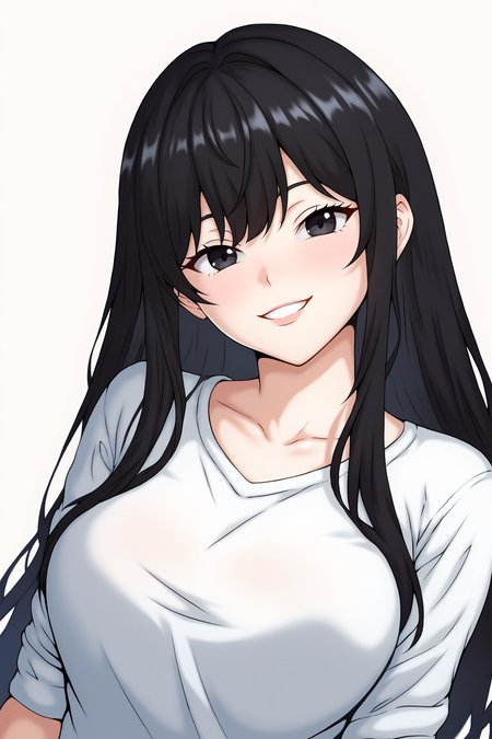 score_9, score_8_up, score_7_up, score_6_up, BREAK, 1girl, black hair, long hair, bangs, black eyes, white shirt, head tilt, smile, looking at viewer, white background, simple background, WilharcoreStylePXL <lora:WilharcoreStylePXL:1>