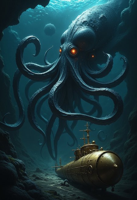 ArsMJStyle, dnddarkestfantasy, masterpiece, photorealistic image of a giant squid fighting a brass steampunk submarine at the ocean floor, dark, illuminated by searchlight of submarine, RAW photo, highly detailed