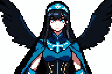 highly insanely detailed, masterpiece, top quality, best quality, highres, 4k, 8k, RAW photo, (very aesthetic, beautiful and aesthetic),  
beth_\(megami_tensei\),bethsmtii,shin megami tensei ii,long hair,black hair,straight hair,sleek black,jewelry,cross,headband,red_lipstick,white cape,cape_with_messian_symbol,Religious_cape,messian_symbol_cape,holy_knight_cape,Blue_dress,armored_corset,blue shirt,bandana_with_messian_symbol,Religious_bandana,symbol_headband,messian_church_bandana,katana,sword,Tokyo_Millennium,post-apocalyptic_city,dystopian_world,Order_of_Messiah,Religious_order,messianic_cult,divine_rulers,Millennium_News_Network,City_news,propaganda_broadcasts,information_contro,Great_Cataclysm,World_ending_event,apocalyptic_disaster,city_rebirt, 
<lora:zs_Beth:0>, 
(1girl:1.3), 1other, 
pearl white background,âââ