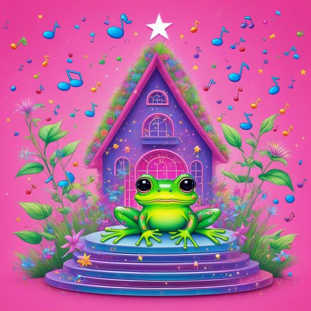 stairs, earrings, solo, long hair, cherry, grass, day, gradient, star (symbol), rainbow hair, closed mouth, vibrant rainbow, tree, frog, planet, colorful, sparkles, musical note, house, pink background, pointy ears, closed eyes, scales, piercing, hair bow, building, double bun, 1girl, heart, flower, cute creatures, simple background