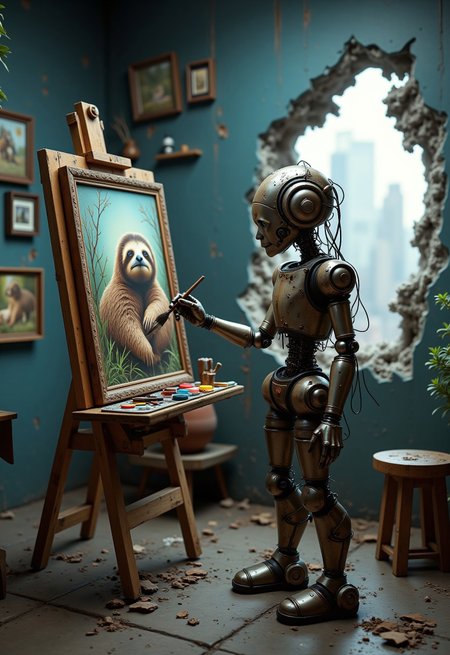 aidmaimageupgrader, a high quality digital colour image of a rusty broken old robot standing in an art studio, there are several loose old wires on the robot. The robot is holding a paintbrush and is in the process of painting on an easel. The robot is painting a beautiful portrait of a sloth. The easel is set up with a palette of colors, brushes, and other art supplies. The background of the image is a collapsing dark blue wall with several broken framed paintings hanging on it and a ruined cityscape is visible in the background through the collapsing wall. There is also a small wooden stool and a potted plant in the corner of the room.