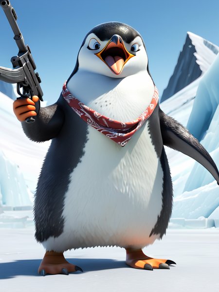 realistic, penguin, wearing a bandana, holding machine guns, angry, yelling, dynamic pose, (ice field), <lora:Gloria:.9>