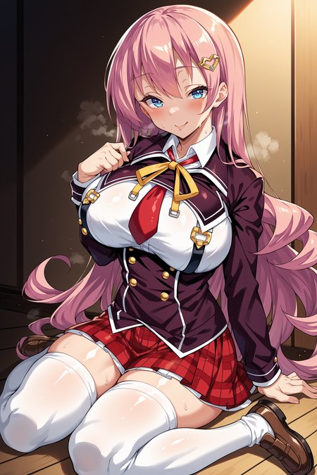 score_9, score_8_up, score_7_up, rating_general ,1girl ,blue eyes, long hair, pink hair, hair clip, yellow bowtie, red necktie, purple blazer, white shirt under blazer, chest harness, underbust, long sleeves, red plaid skirt, white thighhighs, brown shoes,  indoors, source_anime, <lora:AkigawaRinaPDCAMEq1v1.3 SeitokaiKoumon-000008:1>, cowboy shot, abstract, spotlight, naughty face, alluring,  shiny skin, in heat, steaming body ,