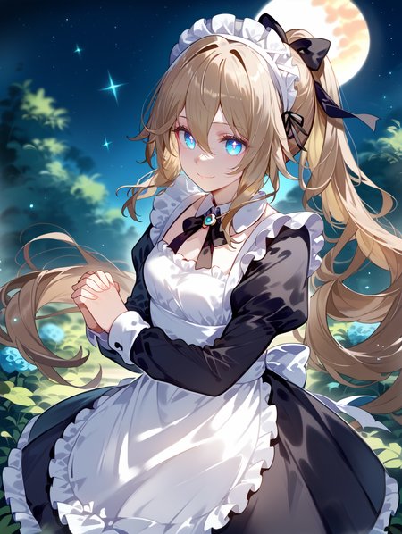 1girl, 
dynamic angle, depth of field, breasts, blurry foreground, frilled apron, juliet sleeves, black ribbon, frills, light smile, long hair, maid, dress, looking at viewer, blurry, hair between eyes, white apron, ribbon, ponytail, black bow, glowing, neck ribbon, closed mouth, solo, small breasts, maid headdress, black dress, glowing eyes, very long hair, puffy sleeves, long sleeves, blue eyes, bow, apron, light brown hair, own hands together, interlocked finger,
A young girl with blonde hair and blue eyes. she is wearing a white dress with black ruffles and a black bow on her head. the background is dark blue with small white dots scattered throughout. the girl is standing in front of a starry night sky with a crescent moon visible in the top right corner. she has a peaceful expression on her face and is looking off to the side. the overall mood of the image is serene and dreamy.
score_9, score_8_up, score_7_up, source_anime
 <lora:style018:1.0>
