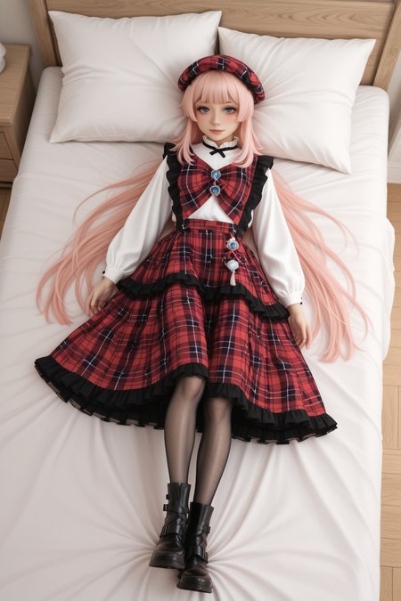 masterpiece, best quality, amazing quality, 1girl, solo, makeup, general, looking at viewer, blush, sunlight, day, room, indoors, seductive smile, on back, lying, full body, on bed, tongue, <lora:Sangonomiya_Kokomi_Kokomi:1>, Sangonomiya_Kokomi_Kokomi, very long hair, hair ornament, pink hair, multicolored hair, gradient hair, blunt bangs, bow-shaped hair, purple eyes, vision(genshin impact), sidelocks, blue horns, <lora:RetroPlaidCakeSkirtdress_new1_1fix:0.9>, RetroPlaidCakeSkirtdressnewfix, red dress, plaid dress, frilled dress, ((layered skirt:1.2)), white shirt, long sleeves, plaid long skirt, long skirt, red plaid headwear, red plaid bow, bowtie, black footwear, boots, frills, plaid, polka dot, pantyhose, <lora:wai-2Rectified-V140:1>, <lora:illustrious_noobai_epsilon_pred_1_masterpieces_v1:1>