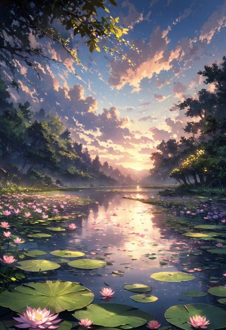 detailed background,( Calm spring night landscape), amongst lush greenery, beautiful view, Water lilies in full bloom, Water lilies, Unexplored, early morning, sunrise sky, beautiful clouds, dappled sunlight, beautiful, Tranquil Lake, Walkway, petals dancing in the wind, depth of field, masterpiece, best quality, ultra-detailed, very aesthetic, illustration, perfect composition, intricate details, absurdres, moody lighting, wisps of light, no humans,