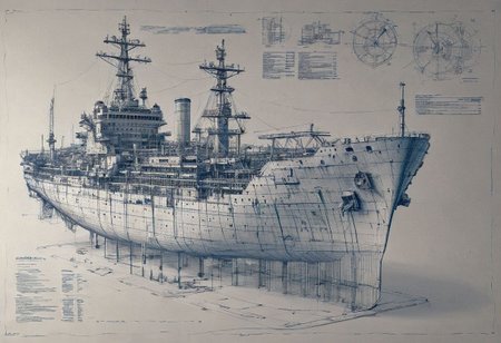 construction plan with blue thin lines for a huge ship with 6 floors sketch style high def,ship  cut in half  with instructions and descrption of each parts