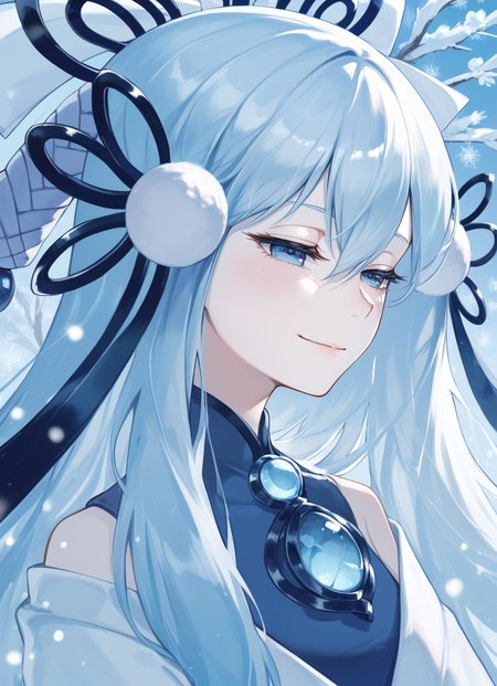 (score_9:0.9),score_8_up,score_7_up,rating_safe,(zPDXL3),(zPDXL),
masterpiece,intricate details,anime,4k,best quality,anime style,
<lora:Yuki-Onna, the Absolute Zero Mayakashi ponyXL v1:0.76>,winter,blue theme,
yuki-onna the absolute zero mayakashi, solo, 1girl, blue theme, smile, upper body, simple background, half closed eyes, white japanese clothes, black hair ribbon, from side, blue bodysuit, cyan chest jewel, white skin