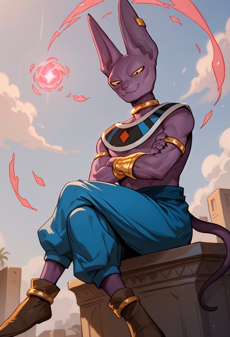 score_9, score_8_up, score_7_up, anthro only, furry only, 1boy, solo,  <lora:BeerusPony-000002>, 1boy, solo, beerus, cat boy, purple skin, collar,  egyptian clothes, gold armlet, gold choker, gold earring, single earring, yellow sclera, black eyes, looking at viewer, baggy pants, boots, floating, crossed arms, looking at viewer, smug, displaying power, crossed legs,  outside,