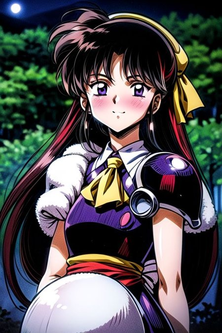 best quality 1girl Setsun4 solo long hair,  (night time) forest background black hair very long hair purple eyes multicolored hair armor, small, (fur trim) (medium body),<lora:EMS-179-EMS:0.800000>,<lora:EMS-293862-EMS:0.800000> bow, hair_bow, hair_tubes, red_bow, brown_hair, long_hair, bangs, ascot, frilled_bow, yellow_ascot, blush, smile, hair_between_eyes, athletic, armor, miko,  Smiling, happy, dragoon helmet, (helmet)