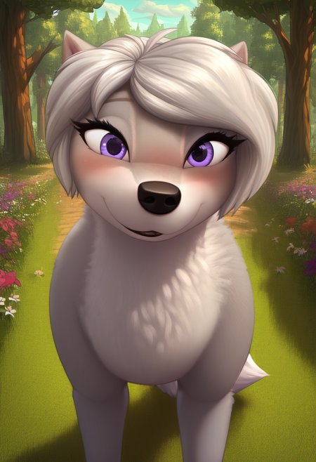 zPDXL, score_9_up, score_8_up,_7_up, score_6_up, score_5_up, score_4_up ,source_furry, best quality, amazing quality, masterpiece, 1girl, looking at viewer, solo, fullbody, cute, blush, cute smile, cute pose, out doors, forest, trees, field, flowers, lilly,  wolf girl, silver-gray fur, purple eyes, wolf tail, wolf ears,   <lora:Lilly:0.8>, whisperfoot, <lora:Whisperfoot:1>, Expressiveh, good_hands, <lora:Expressive_H:0.8>, <lora:Detail_Slider_v1.4_iteration_3:4>, <lora:pony_good_hands:0.8>