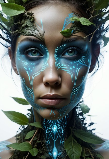 bioluminescent, mysterious face of a native woman in plant clothing, fading white background, alluring goddess, by Minjae Lee, Carne Griffiths, Emily Kell, Steve McCurry, Geoffroy Thoorens, Aaron Horkey, Jordan Grimmer, Greg Rutkowski, amazing depth, double exposure, surreal, geometric patterns, intricately detailed, bokeh,  perfect balanced, deep fine borders, artistic photorealism , smooth,  great masterwork by Suiras  <lora:add-detail-xl:2>  <lora:Double_Exposure:0.5>