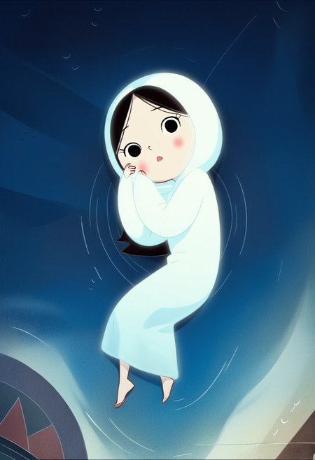 zPDXL3, source_cartoon, Perfect Hands, full body,
1girl, solo, sea bottom, looking at viewer, saoirse, black hair, black eyes, blush, ghost, hood up, robe, barefoot, glowing, lying under the sea, from above, lying on side, facing at viewer, feeling cold, eyes closed, emotionless, open mouth, sleeve past wrist, slim body, long body, highlight cloth wrinkle, anime style face, dark blue background,
<lora:Perfect Hands:1>  <lora:Saoirse_-_The_Song_of_the_Sea-000009:1>
